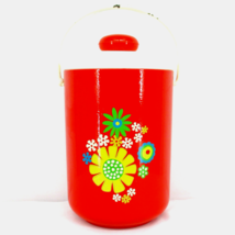 Vintage Kromex Ice Bucket Orange Red Floral Daisies 1960s Aluminum Plastic - $49.48