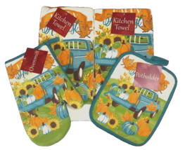 Thanksgiving Pumpkins Truck Kitchen Dish Towels Oven Mitt Pot Holder Set of 4 - $24.38