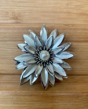 Vintage Silver Faux Pearl Flower Brooch Pin Enamel on Metal MCM Layered Petals - £7.74 GBP