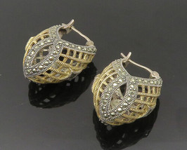 925 Silver - Vintage Chunky Diamond Pattern Marcasite Hoop Earrings - EG11599 - £61.21 GBP