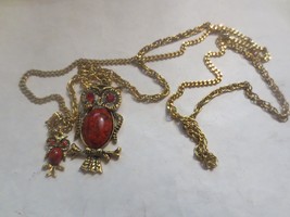 Vintage Double Owl Mother Baby Necklace red rhinestones eyes Red stone B... - £14.52 GBP