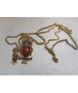 Vintage Double Owl Mother Baby Necklace red rhinestones eyes Red stone B... - £14.58 GBP