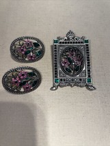 Plaque Floral Brooch Pink And Green Stones Unique Unsigned Plus Earrings... - £14.69 GBP