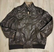 Tommy Hilfiger Dark Brown Bomber Jacket Vintage Zipper Collar Size Large Distres - £60.13 GBP