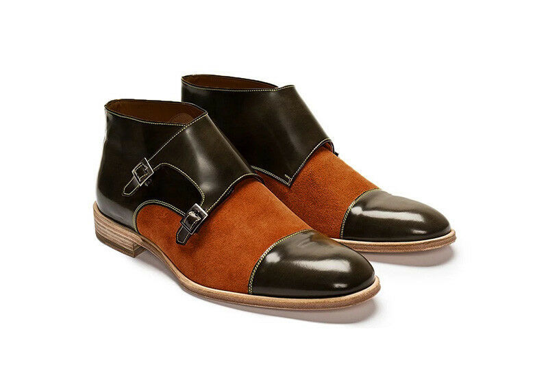 Two Tone Double Monk Strap Tan Suede Black Leather Ankle Cap Toe Boots US 7-16