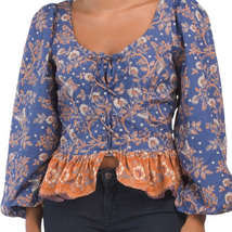 House of Harlow 1960 Revolve Boho Top Blue Size S Floral Lace Up Puff Sleeve - £51.22 GBP