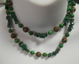 Vintage Long Malachite Nugget Necklace W/gold-tone Filigree Spacer Beads 30.3/4&quot; - £35.03 GBP