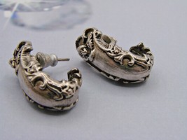 Silver Floral Embossed Design Hoop Earrings Spoon Earrings Victorian MCM Vintage - £9.83 GBP