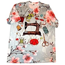 Antique Sewing Machine Blouse Shirt Sz XXL Floral Scissors Pin Cushion B... - £19.01 GBP
