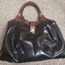 Brahmin Smooth Black Leather Handbag with Brown Croc Embossed Trim + Str... - $150.00