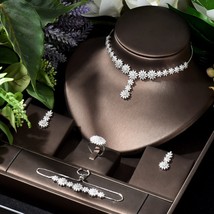 Artistic Vintage Cubic Zircon Crystal Jewelry Sets 4pcs Flower Ring Pendant Neck - £52.01 GBP
