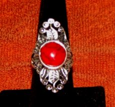 Antique 925 Sterling Silver w Red Coral Gem Stone Sz 7.Cabochan Southwes... - £20.03 GBP