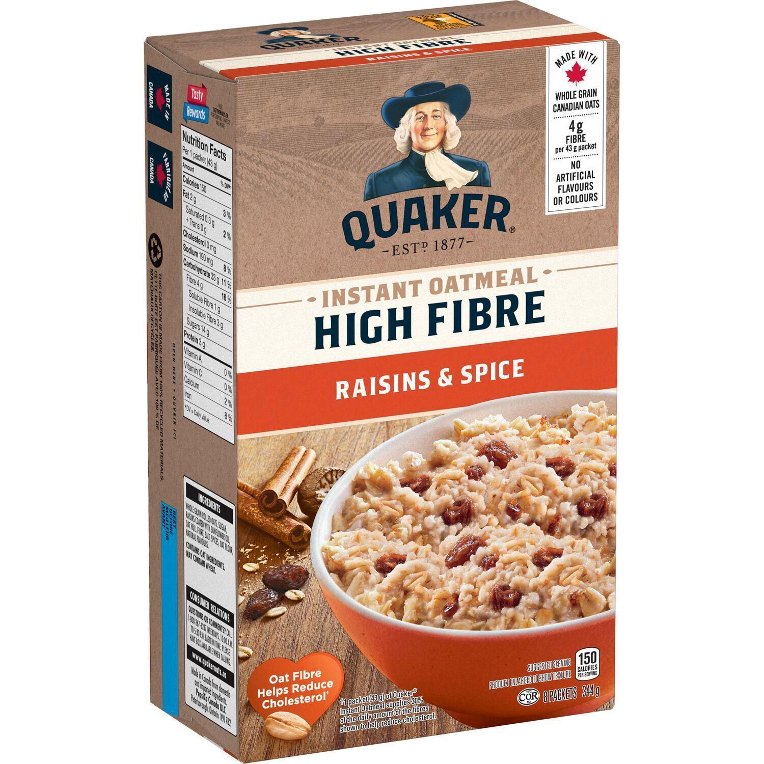 6 X Quaker High Fibre Raisins & Spice Instant Oatmeal 344g Each -8 packets/Box - $37.74