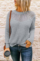 Gray Round Neck Lace Splicing Knitted Sweater - £21.91 GBP+
