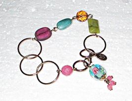 Cookie Lee Glass &amp; Acrylic Bead on Brass Chain Bracelet 7 Inches Long  - £3.99 GBP