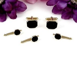 Swank Black Octagon Cufflinks &amp; 3 Button Studs Set Vintage Goldtone Signed - £18.78 GBP