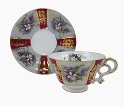 Vintage Tea Cup Saucer Set Purple Flower Gold Rim Home Decor Collectible - £15.86 GBP