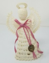 Figurine Angel with Brass Heart Spread Wing Handmade Lace Fabric Vintage  - $15.15