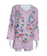 NEW John Mark Tunic XL Yarn Dye Stripe Floral Embroidered Beaded Split N... - $49.95