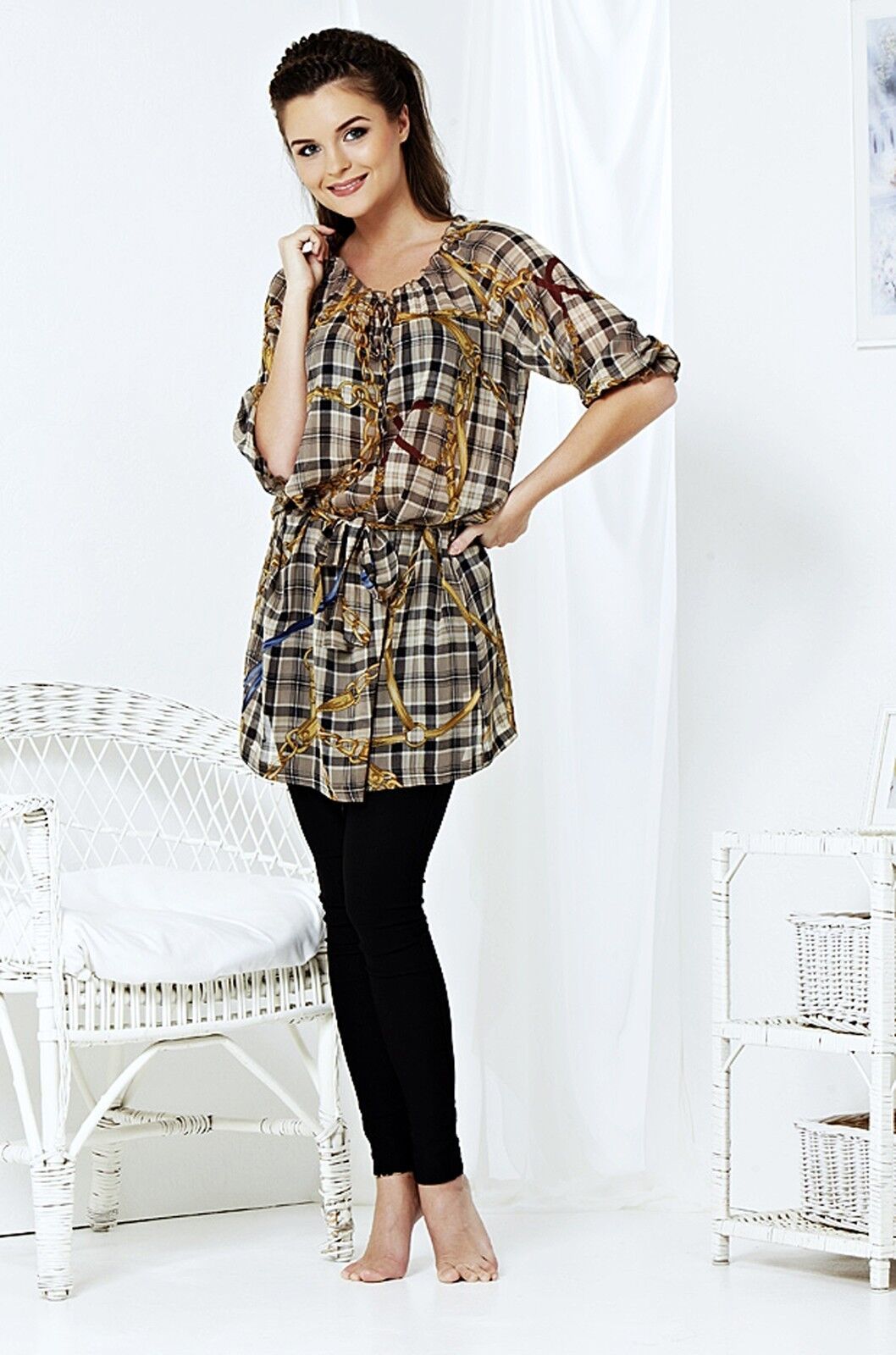 Primary image for CHIFFON LONG TUNIC WITH BELT MADE IN EUROPE ELBOW SLEEVES GEOMETRIC PRINT