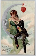 Valentine Couple Embrace On Silver Crescent Moon Embossed Postcard O23 - £12.63 GBP