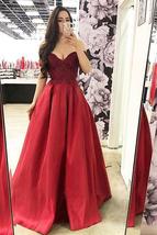 Burgundy Lace Bodice Satin Long Prom Dress,Formal Dresses Off-Shoulder Evening D - £118.67 GBP