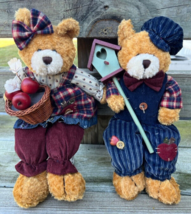 Dan Dee Plush Poseable Fall Bear Couple Plaid Corduroy Bow Tie Apple Bir... - $23.98