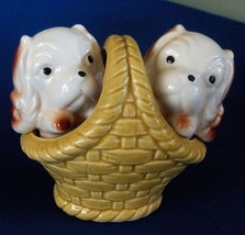 Vintage Japan Ceramic Dogs Puppies In A Wicker Basket Salt Pepper Shakers - £8.64 GBP
