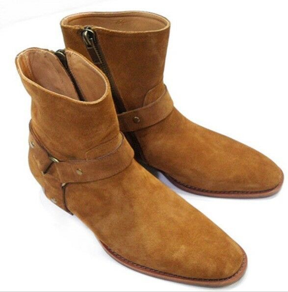 Men Tan Jodhpur High Ankle Rounded Buckle Strap Suede Real Leather Boots US 7-16