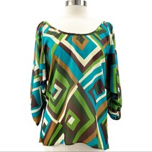 NEW Fashionista Scoop Neck Blouse Top Blue Green Geometric Mod Women&#39;s M  - $13.49