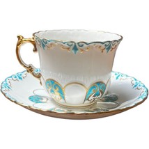 Vintage AYNSLEY Turquoise Scalloped Bone China Footed Cup &amp; Saucer England - £33.05 GBP