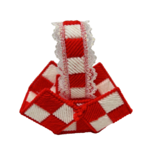 Vintage Handmade Plastic Canvas Needlepoint Basket Red White Lace 6 x 6&quot; - £9.79 GBP