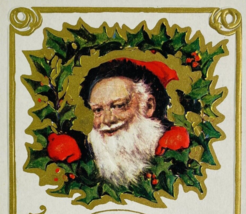 Santa Claus with Black Fur Trim Looking Holly Wreath Antique Christmas P... - £7.77 GBP