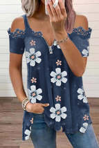 Blue Floral Print Lace Contrast Zipped Cold Shoulder T Shirt - £14.45 GBP