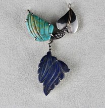 TURQUOISE LAPIS LAZULI CARVED LEAF DIAMOND VICTORIAN 925 SILVER &amp; GOLD P... - $223.25