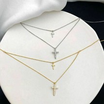 1.0Ct Diamond Cross Pendant Double Layered Chain Womens Necklace 18K Gold Finish - £58.99 GBP