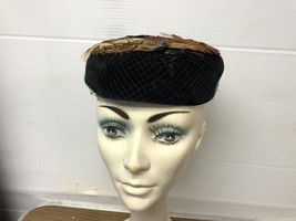 VINTAGE LADIES HAT #71 BLACK VELVET CROWN IS COVERED WITH FEATHERS 21&quot; - $13.50