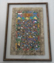 Original &amp; Vintage Framed Mexican Amate Bark Art Painting Workers Selling In The - £236.10 GBP