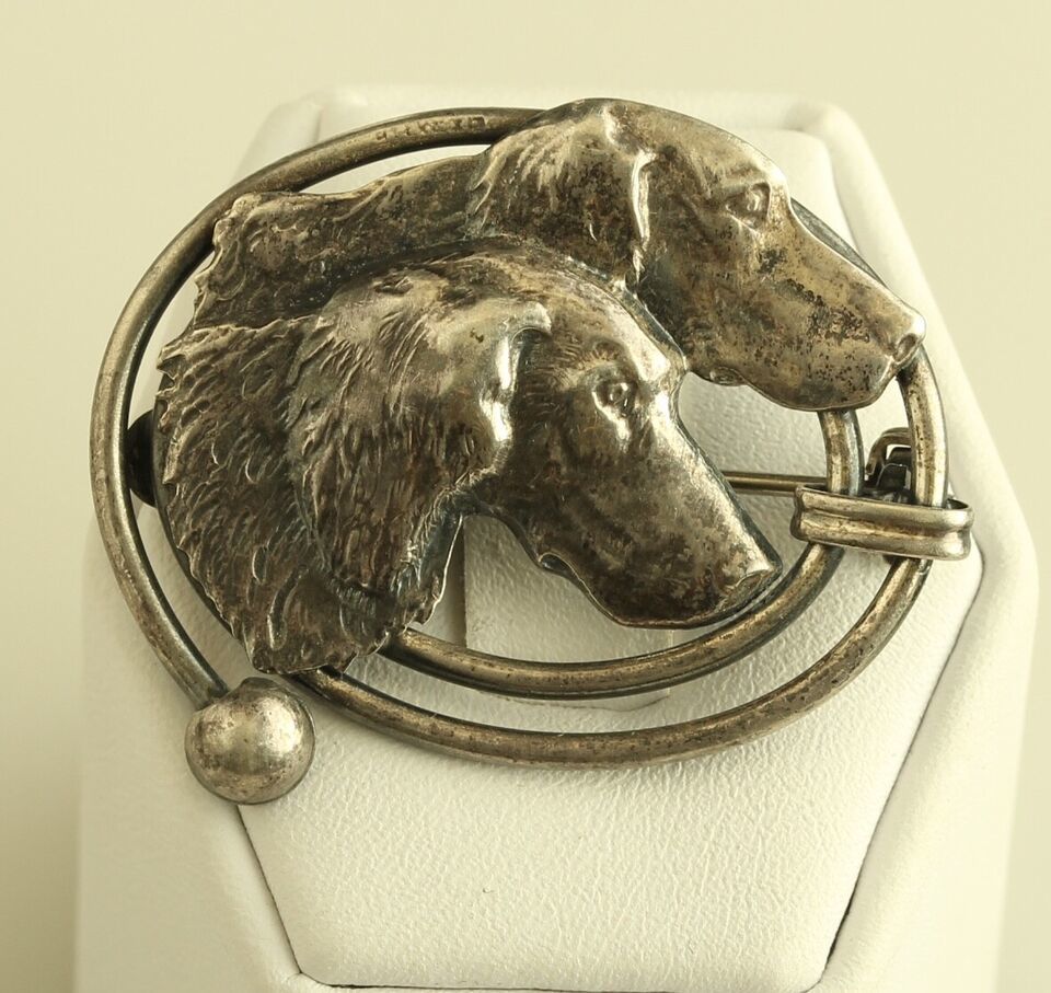 Primary image for Vintage Sterling Silver Repousse Sporting Dogs Kennel Animal Brooch Pin