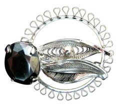 Sorrento Filigree Hematite Sterling Silver Round Floral Brooch Stone Pin .925 - £9.28 GBP