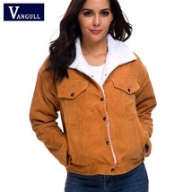 Vangull Khaki Corduroy Jacket Women Thick Velvet Coat Female Winter Warm Long Sl - £107.24 GBP