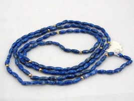 VINTAGE Gemstone Lapis rice beads 14K G.necklace sz 33&quot; - $74.50