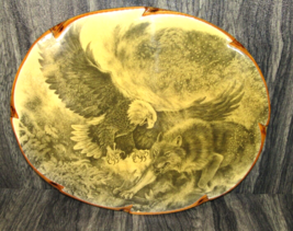 Vintage Bald Eagle vs Gray Wolf Print Lacquered Rustic Wood Wall Art 19&quot;X15.5&quot; - £38.75 GBP