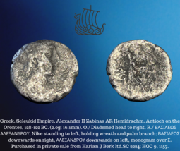 128-122 BC Greek Seleucid Empire Alexander II Zabinas Silver AR Hemidrachm Coin - £54.75 GBP