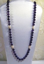 Vintage Handcraft Gemstone Aa Amethyst 10mm Knotted Cuture Pearl Necklace 32&quot; L - £62.87 GBP