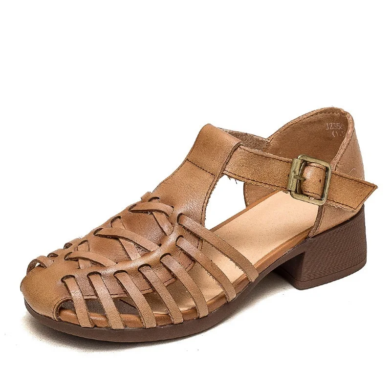 Handmand Woven Genuine Leather Sandals Women Thick Heel Retro Style Soft Bottom  - £62.82 GBP