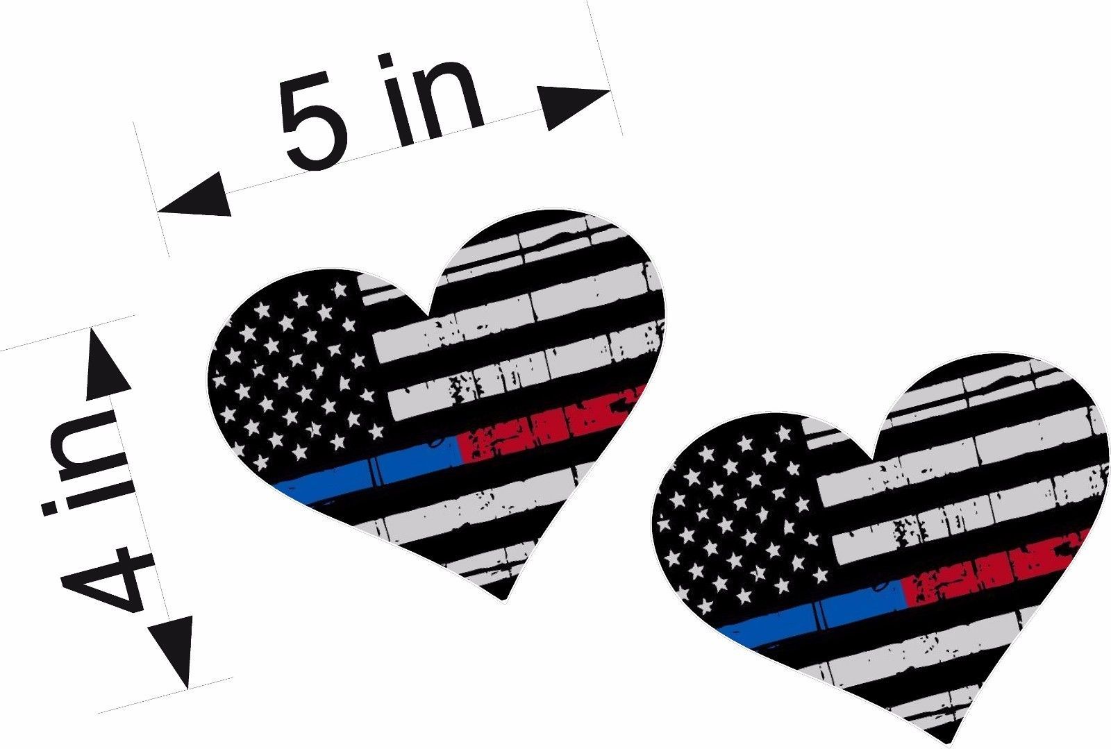 Thin BLUE and RED Line / PAIR / 5" Heart REFLECTIVE Vinyl Vehicle Decal Stickers - $6.74