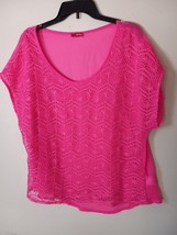 Bongo Womens  Size Large Sheer Lace Trim Hot Pink Pullover Shirt Top - $11.87