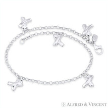 X Kiss Charm &amp; 3mm Rolo Link Chain Italy Charm Anklet in .925 Sterling Silver - £39.68 GBP