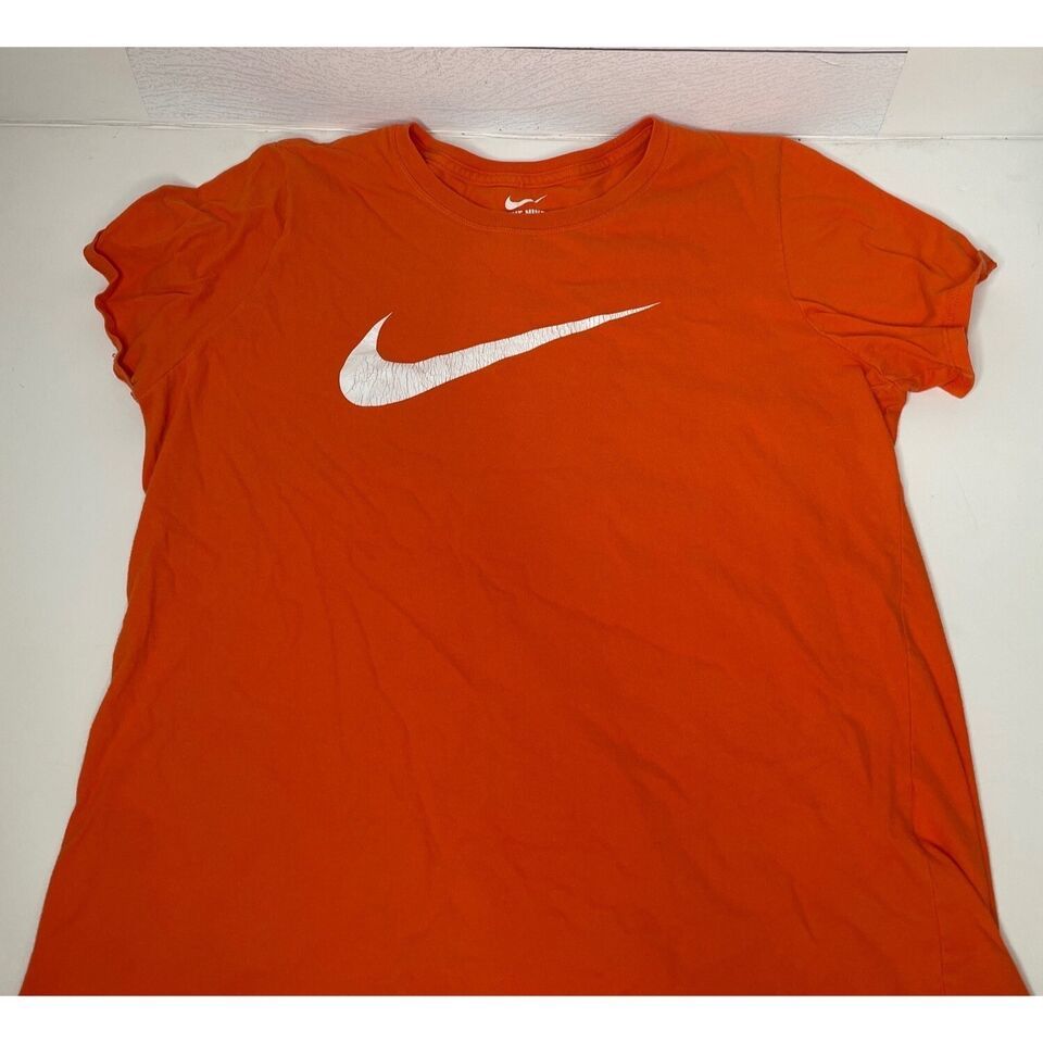 Primary image for Nike Tee Athletic Cut Orange White Swoosh Crewneck T-Shirt Womens Large